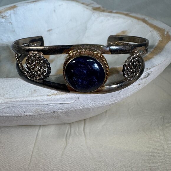Vintage Navajo Sterling Silver & Lapis Bracelet Swirl Rope Design Cuff - Picture 6 of 9